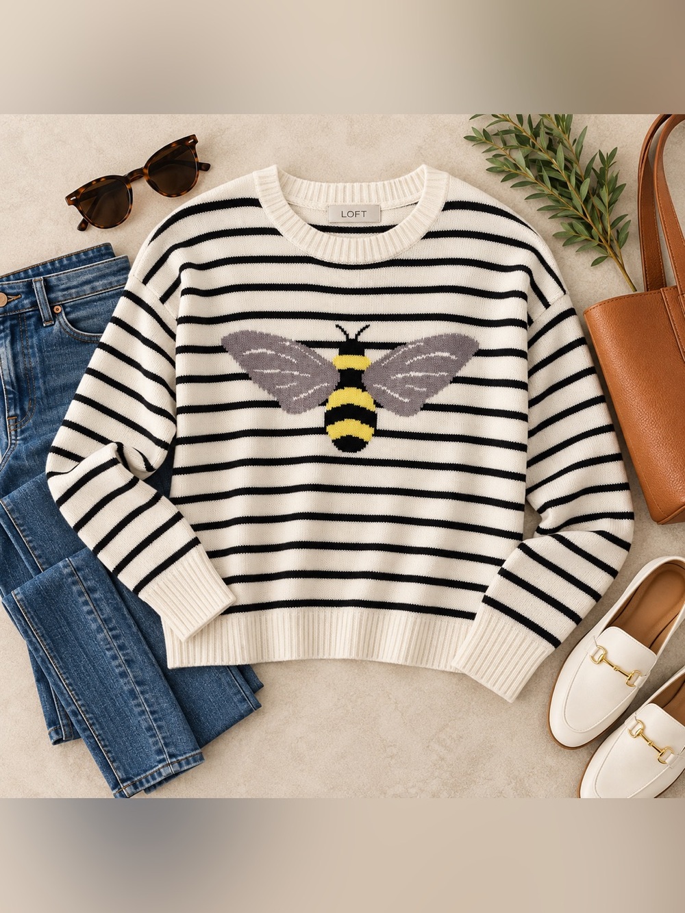 LOFT Women’s Bee Striped Sweater Size M Ivory Black 100% Cotton Bumblebee